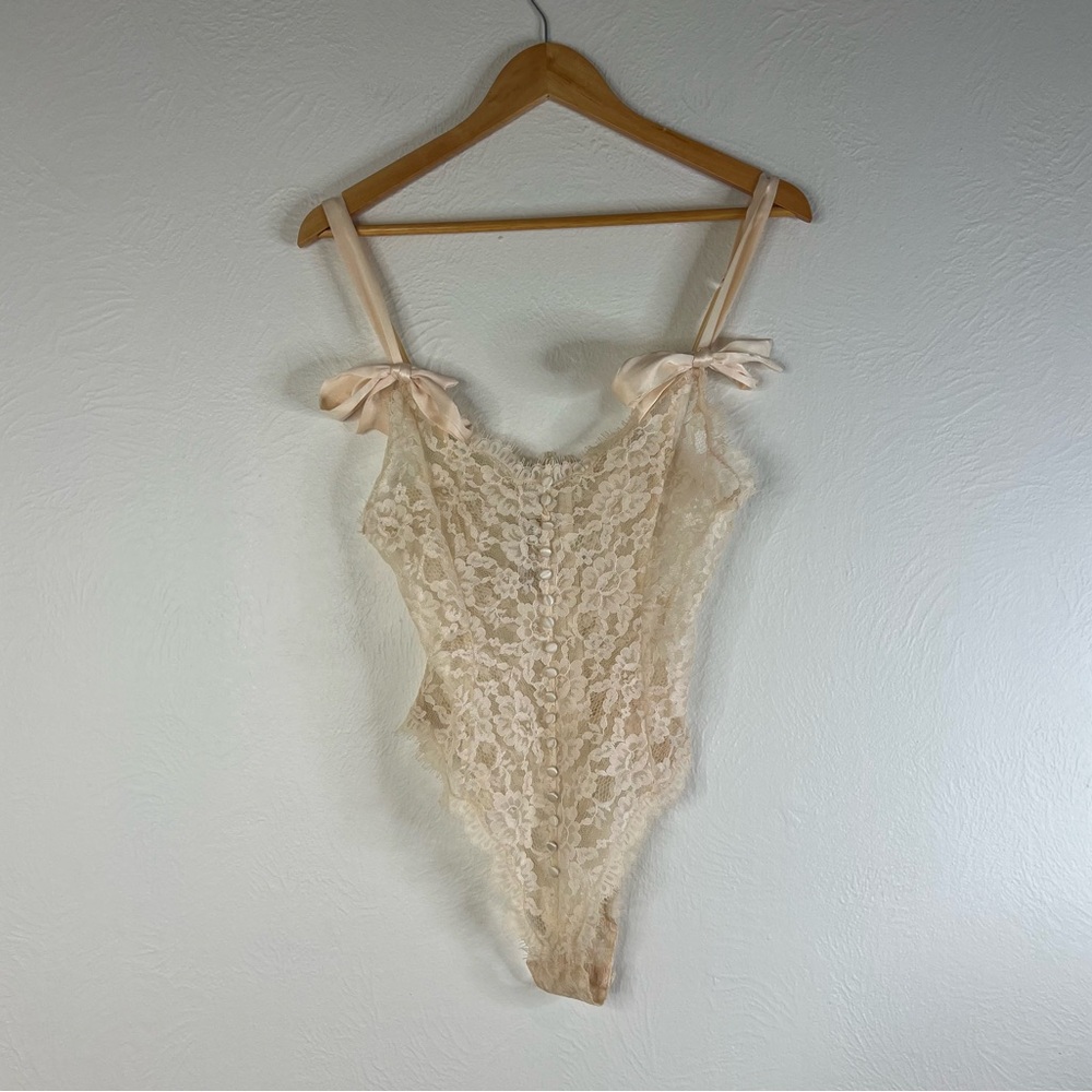 Vintage Victoria's Secret Lace Teddy Cream Nylon Sleeveless Button Front Size S